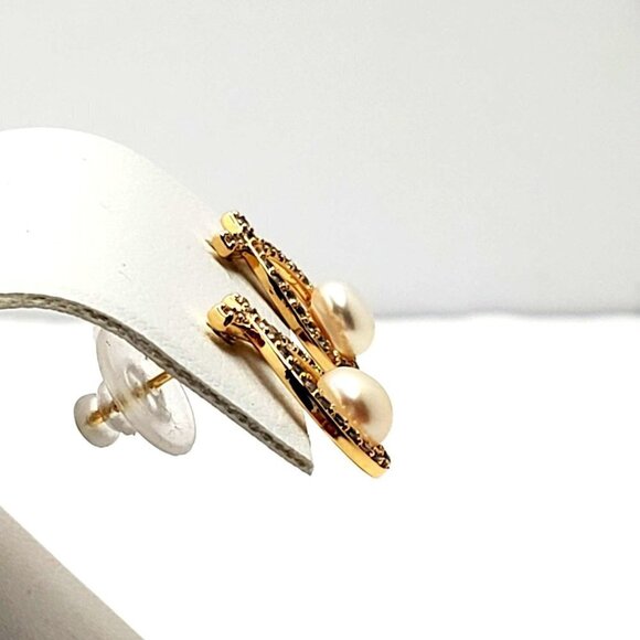 Natural Pearl 18K Gold Plated Rhinestone Stud Post Earrings - Picture 3 of 5